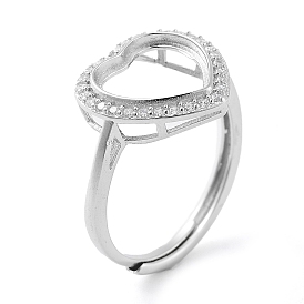 Heart Adjustable 925 Sterling Silver Ring Components, with Cubic Zirconia