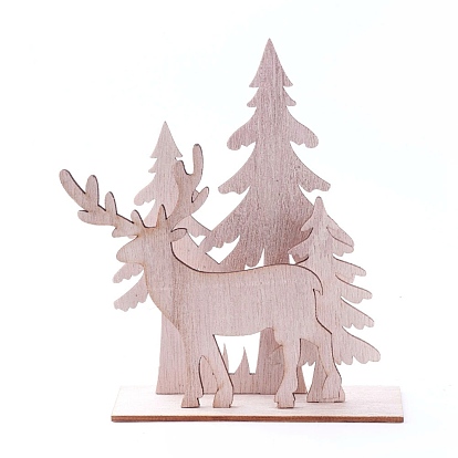 Decoraciones de exhibición de hogar de madera de platane sin teñir, árbol de navidad con renos de navidad / ciervo