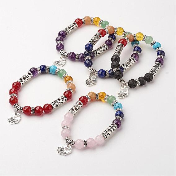 Gemstone Bead Charm Bracelets, Chakra Stretch Bracelets, with Alloy Findings and Brass Findings, Heart
