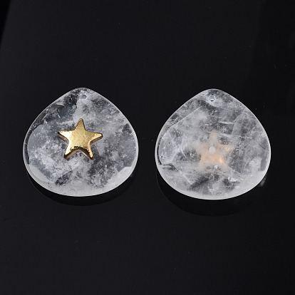 Natural Stone Pendants, with Light Gold Plated Brass Star Findings, Faceted, Teardrop