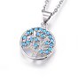 304 Stainless Steel Pendant Necklaces, with Cubic Zirconia, Flat Round with Tree of Life, Deep Sky Blue