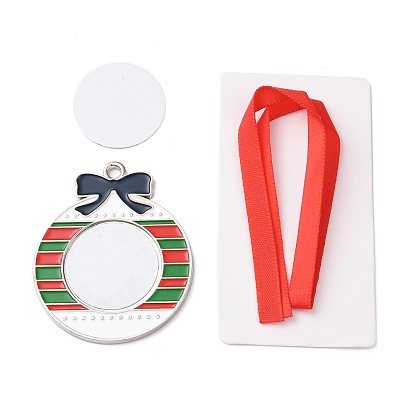 Christmas Themed Sublimation Blank Alloy Pendant Decorations, Alloy Blank Photo Picture Pendant, with Polyester Ribbon