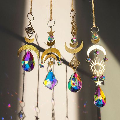 Glass Teardrop/Leaf Big Pendant Decorations, Hanging Suncatchers, with Brass Moon/Evil Eye Link for Window Decoration