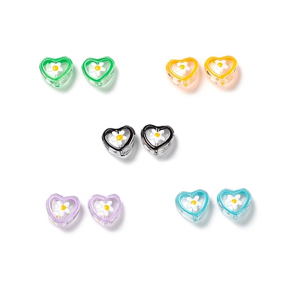 Transparent Glass Beads, with Enamel, Heart with Flower Pattern
