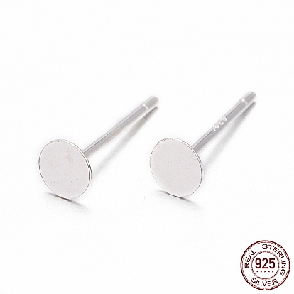 925 Sterling Silver Round Flat Pad Stud Earring Findings, with 925 Stamp