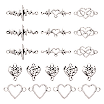 100Pcs 5 Style Tibetan Style Zinc Alloy Links Connectors, Valentine's Day, Heart & Heartbeat