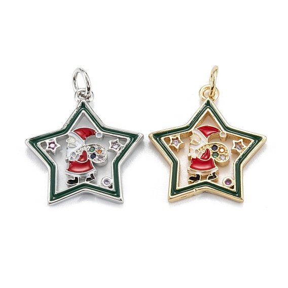 Christmas Themed Brass Micro Pave Cubic Zirconia Pendants, with Enamel and Jump Ring, Long-Lasting Plated, Star with Santa Claus