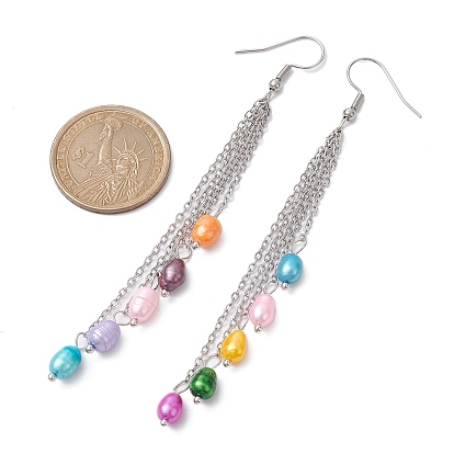 Boucles d'oreilles pendantes en perles naturelles teintes, 304 boucles d'oreilles à pampilles et chaînes en acier inoxydable pour femmes