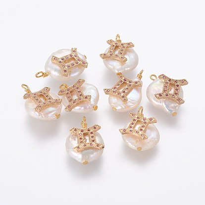 Natural Cultured Freshwater Pearl Pendants, with Brass Micro Pave Cubic Zirconia Findings, Nuggets with Constellation
