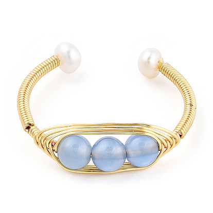 Natural Aquamarine Braided Oval Open Cuff Ring with Pearl Beaded, Brass Wire Wrapped Jewelry for Women
