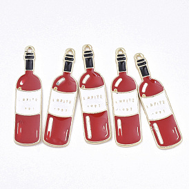 Alloy Pendants, with Enamel, Winebottle with Word, Light Gold