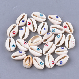 Cowrie Shell Beads, Undrilled/No Hole Beads, with Enamel, Cowrie Shell Shape with Evil Eye