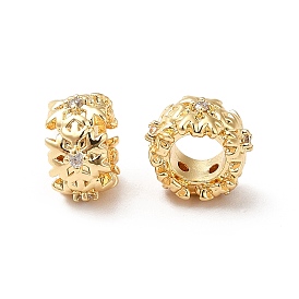 Brass Micro Pave Cubic Zirconia European Beads, Large Hole Beads, Real 18K Gold Plated, Snowflake Column