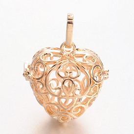 Eco-Friendly Rack Plating Brass Cage Pendants, For Chime Ball Pendant Necklaces Making, Hollow Heart, Cadmium Free & Nickel Free & Lead Free, 28x28x23mm, Hole: 9x4mm