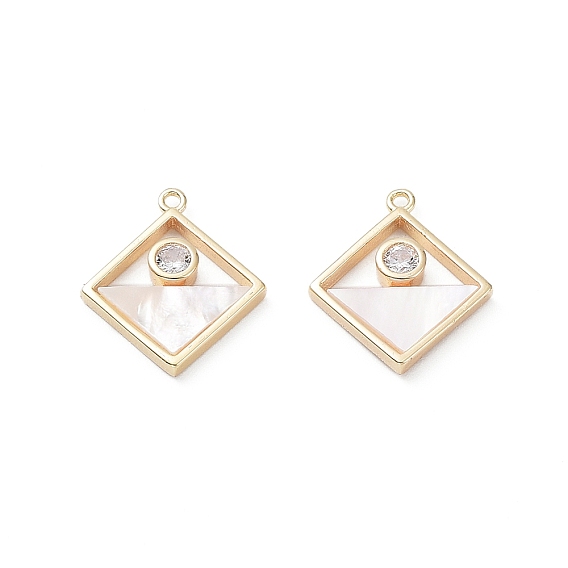Rack Plating Brass Shell Pendants, with Cubic Zirconia, Long-Lasting Plated, Rhombus Charms