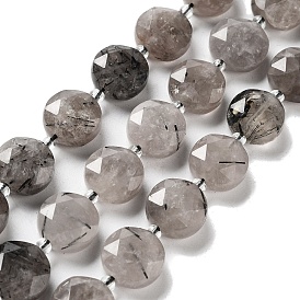 Natural Black Rutilated Quartz Beads Strands, with Seed Beads, Faceted Hexagonal Cut, Flat Round