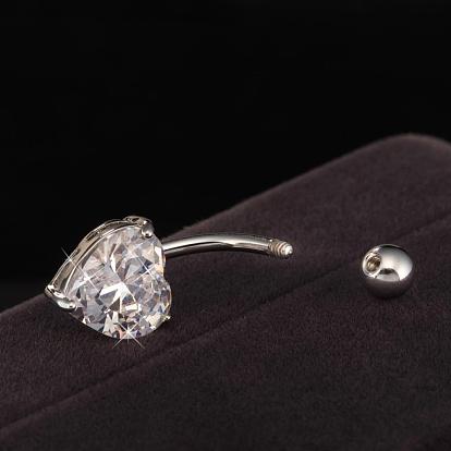 Bijoux de corps coeur zircon cubique en laiton anneau de nombril anneau de nombril anneaux de ventre, avec 304 barre en acier inoxydable, 10x32mm
