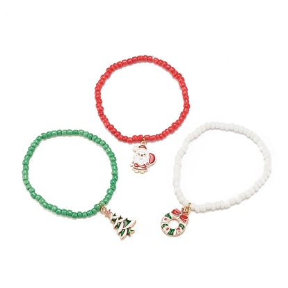 3 piezas 3 conjunto de pulseras elásticas de semillas de vidrio estilo, árbol de navidad y santa claus y corona pulseras con dijes de aleación con esmalte para mujeres