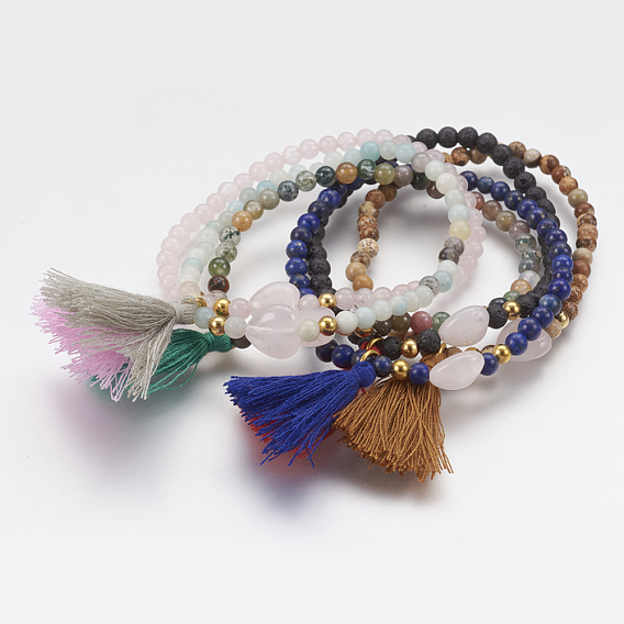 Cotton Thread Tassel Charm Bracelets, with Natural Gemstone Beads and Brass Beads