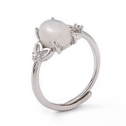 Oval Natural Labradorite Adjustable Rings, Platinum Tone Brass Finger Rings for Women