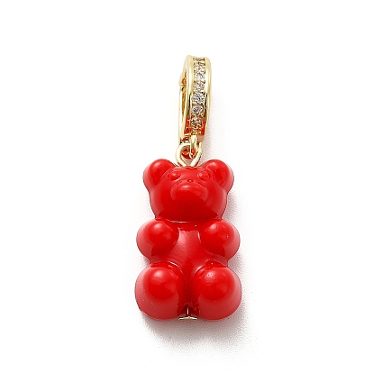 Plastic Bear Dangle Hoop Earrings with Clear Cubic Zirconia, Golden Brass Jewelry for Women