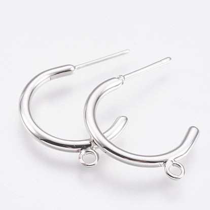 Brass Stud Earring Findings, Half Hoop Earrings, with Loop, Nickel Free