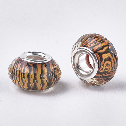 Resin European Beads, Large Hole Beads, with Silver Color Plated Brass Cores, Faceted, Rondelle