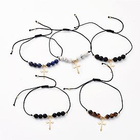 Adjustable Braided Bead Bracelets, with Natural Gemstone Beads, Nylon Thread, Golden Plated 304 Stainless Steel Pendants and Brass Beads, Cross