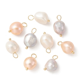 Natural Freshwater Pearl Pendants, Potato Charms with Golden Plated Brass Loops