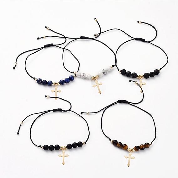 Bracelets de perles tressées réglables, avec des perles naturelles de pierres précieuses, Fil de nylon, pendentifs en acier inoxydable plaqué or 304 et perles en laiton, croix