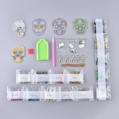 5D DIY Diamond Painting Stickers Kits For Key Chain Making, with Diamond Painting Stickers, Resin Rhinestones, Diamond Sticky Pen, Lobster Clasps, Chain, Tray Plate and Glue Clay, Skull