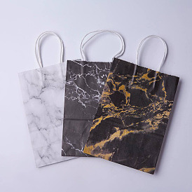 kraft Paper Bags, with Handles, Gift Bags, Shopping Bags, Rectangle, Marble Texture Pattern