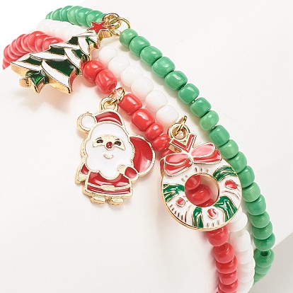 3Pcs 3 Style Glass Seed Stretch Bracelets Set, Christmas Tree & Santa Claus & Wreath Alloy Charm Bracelets with Enamel for Women