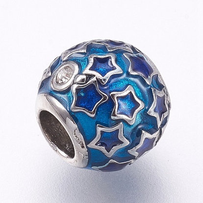 304 Stainless Steel European Beads, Large Hole Beads, with Enamel and Rhinestone, Rondelle with Star