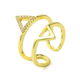 Brass Micro Pave Cubic Zirconia Open Cuff Ring, Hollow Triangle