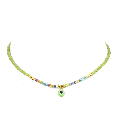 Resin Evil Eye Pendant Necklace with Glass Seed Beaded Chains