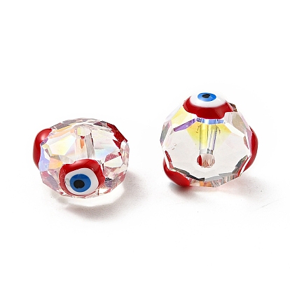 Perlas de vidrio transparentes, con esmalte, facetados, rondelle con patrón de mal de ojo
