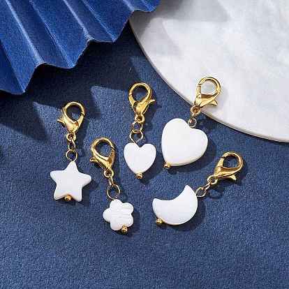 Décorations de pendentifs en coquillages d'eau douce naturels, avec alliage homard fermoirs pince, coeur/étoile/lune/fleur