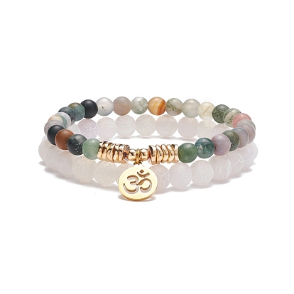 Ensemble de bracelets extensibles en agate naturelle patinée (teintée) et en agate indienne et en hématite synthétique, 2 bracelets à breloques en acier inoxydable sur le thème du yoga pour femmes