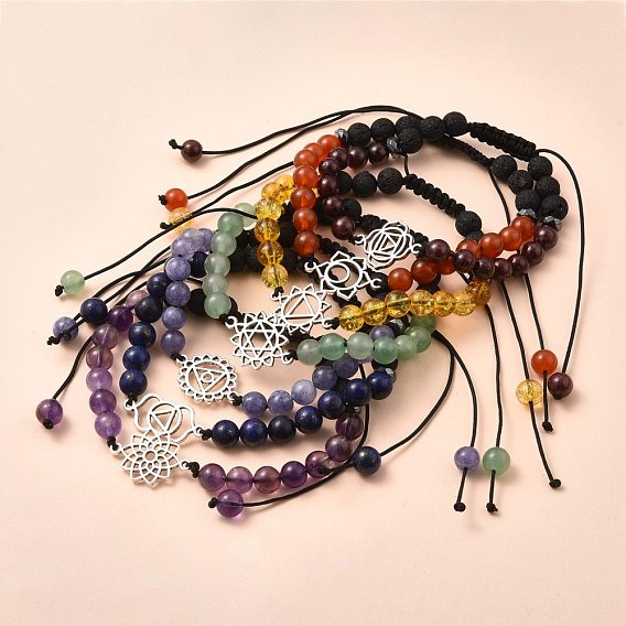 Chakra bijoux, ensembles réglables de bracelets de perles tressés de fil de nylon, avec pierres précieuses naturelles et perles de pierre de lave synthétiques, perles d'hématite synthétiques non magnétiques et maillons en alliage