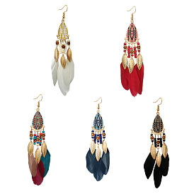 Ethnic Feather Earrings - Long, Beach Vacation, Gold Leaf, Beaded Ear Studs