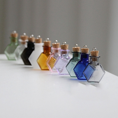 Bouteilles en verre hexagonales miniatures, avec bouchons en liège, bouteilles de vœux vides, pour accessoires de maison de poupée, fabrication de bijoux