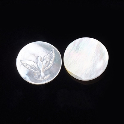 Natural White Shell Cabochons, Flat Round with Bird