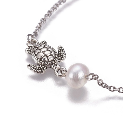 Stainless Steel Link Bracelets, with Pearl Beads, Natural Aquamarine Beads and Alloy Findings, Sea Turtle