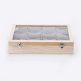 Cajas de presentación de pulsera de madera, con almohada de vidrio y terciopelo, 12 almohadillas de rejilla con cajas de exhibición de cajas de joyas, Rectángulo