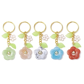 Flower Acrylic Imitation Gemstone Pendant Keychain, with Alloy Enamel Charm and Iron Split Key Rings