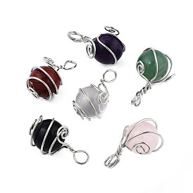 Natural Gemstone Pendants, with Platinum Plated Brass Wire Wrapped, Round Charm