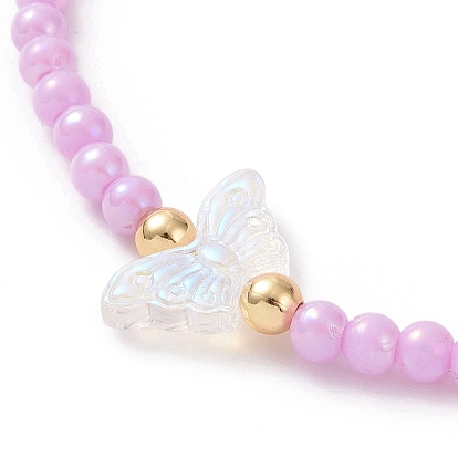Opaque Acrylic & Brass Beaded Stretch Bracelets, Glass Butterfly Jewelry for Women