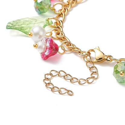 5 pcs 5 ensemble de bracelets à breloques en perles de verre de couleur et trompette fleur et feuille d'acrylique, doré 304 bracelets empilables en acier inoxydable pour femmes