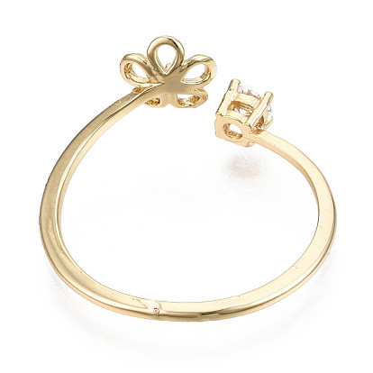 Brass Micro Cubic Zirconia Cuff Finger Ring Settings, For Half Drilled Beads, Nickel Free, Real 18K Gold Plated